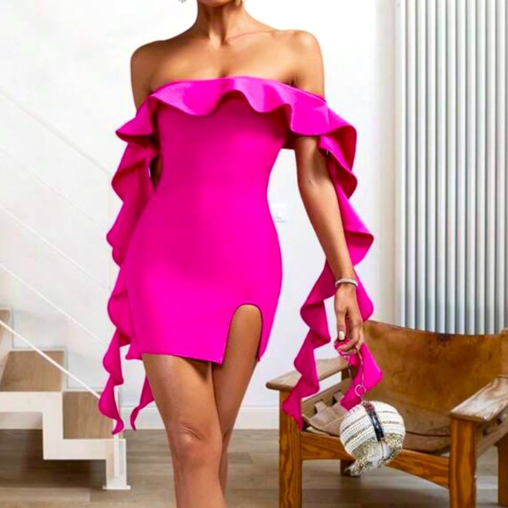 Hot pink off the shoulder bandage mini dress